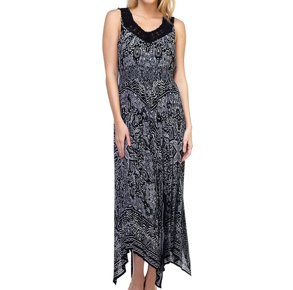 Bila Size XXL Black White Print Farah Boho Dress Handkerchief Hem Crochet Neck